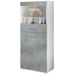 Vladon - Vitrine Buffet Armoire haute Almada en Blanc - haute brillance et tons naturels - Façades
