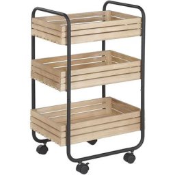 Desserte de Cuisine Chariot à Roulettes en Métal Noir et Bois de Paulownia pour Salle à Manger ou