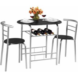Ensemble de Table à Manger et 2 Chaise en Bois et Tubulaire Acier avec Porte-Bouteille sous Table,