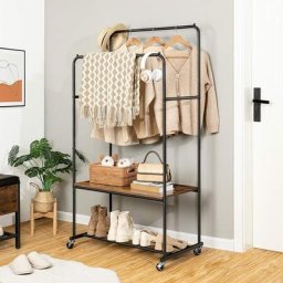 Portant à Vêtements, Porte-Manteau avec 2 Barre, Penderie, Portant à roulettes, Mobile, Style