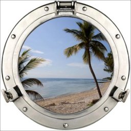 Sticker décoratif fenêtre en trompe l'oeil effet 3D, hublot avec vue sur une Plage paradisiaque,