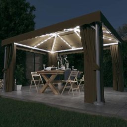SalesHot® Tonnelle avec rideau et guirlande lumineuse à led 4x3 m Taupe - Pour extérieur/jardin