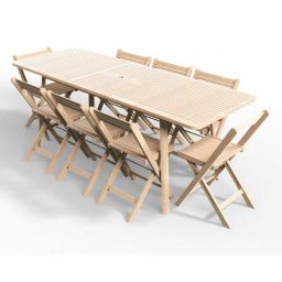 Ensemble table de jardin extensible 6 à 8 personnes en bois massif blanchi + 8 chaises pliantes