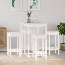 Set de 1 Table + 4 Tabourets de bar | Ensemble Table et Chaises Blanc Bois de pin massif 32447