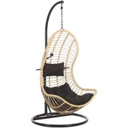 Fauteuil Suspendu Design en Rotin Beige avec Support en Acier Noir et Coussin Assorti Idéal pour