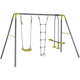 Balançoire 4 agrès portique avec balançoire, échelle, face à face, toboggan acier époxy anthracite