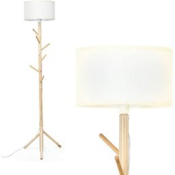 Lampadaire Salon sur Pied en Bois Massif avec Porte-Manteau 6 Crochets Douille E27, Lampe sur Pied
