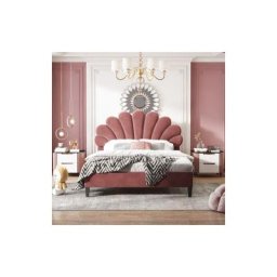 Lit double capitonné 140x200cm - avec tête de lit fleurie, sommier à lattes, velours, style