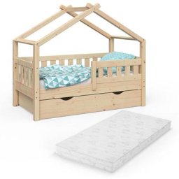 Lit cabane ""Design 70x140cm Nature avec tiroir et matelas Vitalispa