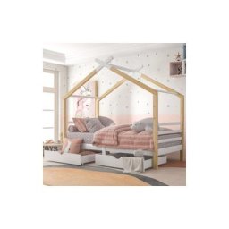 Lits pour enfants, lit cabane en bois massif avec 2 tiroirs et sommier 角 lattes 90 x 200 cm