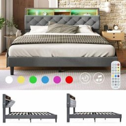 Lit capitonné double 140 x 200 cm avec led, Espace de rangement sur tête de lit, Sommier à lattes