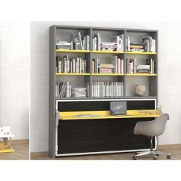 Lit escamotable 90x190 cm avec bureau et bibliothèque Spacio - Coffrage Anthracite - Façade Bleu