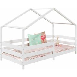 Lit cabane RENA lit simple pour enfant 90 x 190 cm, avec barrières de protection, en pin massif
