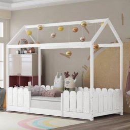 90x200 cm Lit de maison - Lit d'enfant polyvalent en bois pour gar?ons et filles - Avec protection