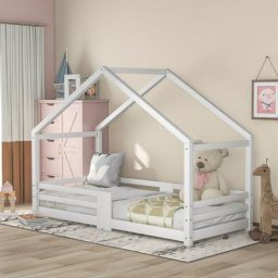 Lit cabane enfant 90 x 200 cm - avec sommier et séparateur, pin massif - Blanc LBF