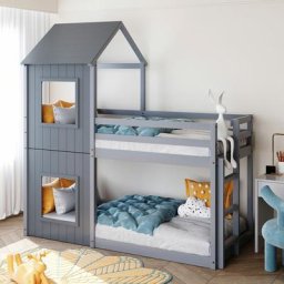 Lit d'enfant Superposé 90x200cm pour Enfant, Lit Maison avec échelle, baldaquin, Lit Cabane avec