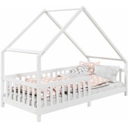 Lit cabane cora lit enfant simple asymétrique en bois 90 x 190 cm en pin massif lasuré blanc - Blanc