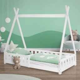 Lit d'enfant tipi blanc avec sommier à lattes en bois maison indien 160x80 cm