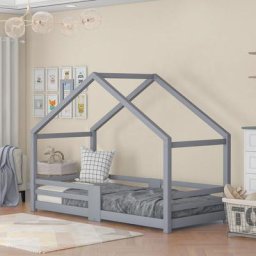Lit cabane enfant 90 x 200 cm - avec sommier et séparateur, pin massif - Gris LBF