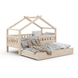 Lit cabane ""Design"" 160x80cm Nature avec lit d'appoint Vitalispa