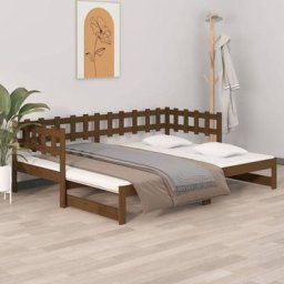 Lit coulissant Contemporain Marron miel 2x(80x200) cm Bois de pin massif,203,5 x 160 x 68,5 cm