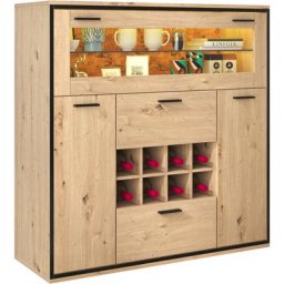 Buffet Armoire à vin élégante avec LED - 2 portes et 2 tiroirs, Etagère en verre et