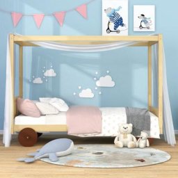 Lit cabane enfant 90 x 200cm - Lit voiture avec rideau de lit, roulettes mdf, sommier lattes pin,