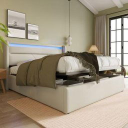 Lit coffre led 160x200cm - Lit adulte capitonné avec barre d'éclairage led Avec télécommande +