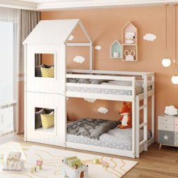 Lit d'enfant Superposé 90x200cm pour Enfant, Lit Maison avec échelle, baldaquin, Lit Cabane avec