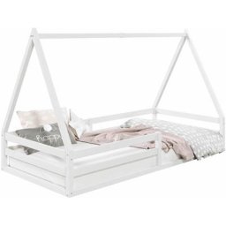 Lit cabane sila 90x190 cm, lit simple enfant 1 place type Montessori, en pin massif blanc - Blanc