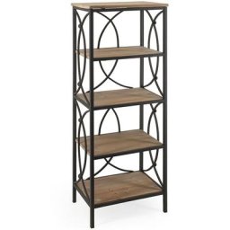 Etagère Bibliothèque avec 4 tablettes fer forgé noir et bois massif naturel Kalioka 42 cm