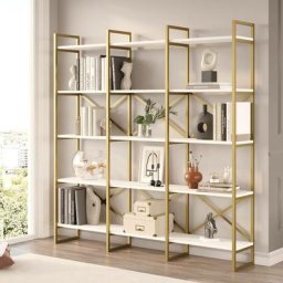 Cotecosy - tagère bibliothèque Opawa L170cm Métal Or et Bois Blanc - Blanc / Or