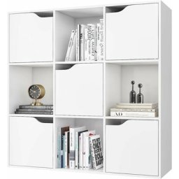 Bibliothèque Blanc avec 9 Compartiments Étagère avec 5 Portes Meuble de Rangement en Bois
