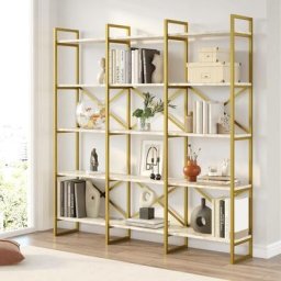 Étagère bibliothèque Opawa L170cm Métal Or et Bois Effet marbre Blanc - Blanc / Or