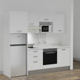 Kitchenette K37L - 240 cm - emplacements four, micro-ondes, hotte et frigoBlancSnovaévier à droite