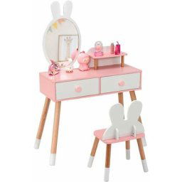 2 en 1 Coiffeuse Enfant Fille avec Miroir Amovible&Tabouret Table de Maquillage Enfant 3+ Ans,Pieds
