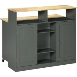 Ilot de cuisine table de bar rabattable - multi-rangement - mdf gris plateaux aspect bois d'hévéa