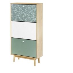 Étagere a chaussures 3 niveaux - Décor chene et vert - Pieds en bois massif - L 65,5 x P 15,3 x H