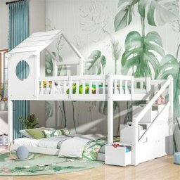 Lit cabane d'enfant 90x200 cm lit double en forme de maison armoire à échelle en pin sans matelas