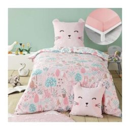 Douceur D'intérieur - Pack Housse de couette enfant réversible 140 x 200 cm Chaton + Drap housse
