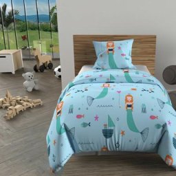 Soleil D'ocre - Parure housse de couette 140x200 cm sirenes bleu, 100% coton 57 fils/cm2, par Bleu