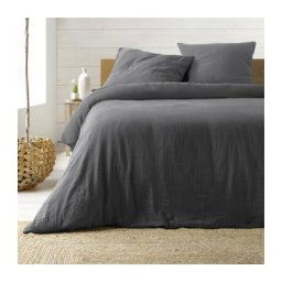 Parure de lit 260 x 240 cm double gaze coton uni 57 fils Angelia Anthracite - Anthracite