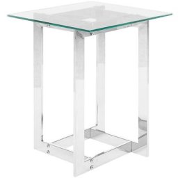 Table d'Appoint Plateau Carré en Verre Transparent et Support en Métal Argenté Design Moderne et