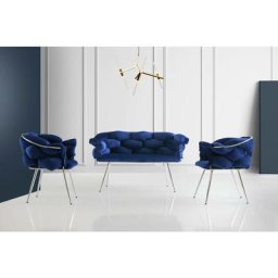 Ensemble canapé 2 places et 2 fauteuils Krogh Métal Chrome et Velours Bleu marine - Bleu marine