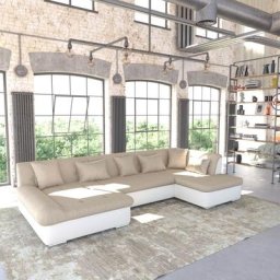Giuseppe - Canapé d'angle gauche panoramique convertible en tissu beige et simili blanc - Beige