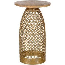 Table d'Appoint Claire et Dorée en Bois de Manguier Plateau Rond Base Ajourée Waihi - Bois clair
