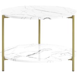 Table Basse Moderne avec Étagère Pieds en Métal Effet Marbre Blanc Doré Reva - Blanc