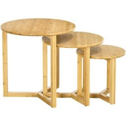Lot de 3 tables basses gigognes rondes style cosy naturel bois bambou verni - Beige