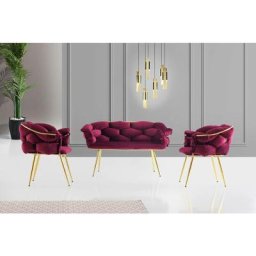 Ensemble canapé 2 places et 2 fauteuils Krogh Métal Or et Velours Bordeaux - Bordeaux