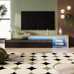 Merax - Meuble tv / Banc tv - Bois chêne et noir brillant - avec éclairage led - 3 portes et 2